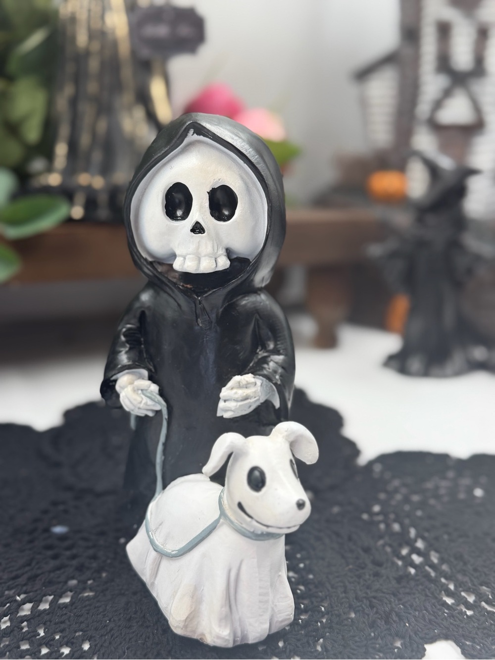 new halloween grim reaper walking ghost dog figurine spooky decor